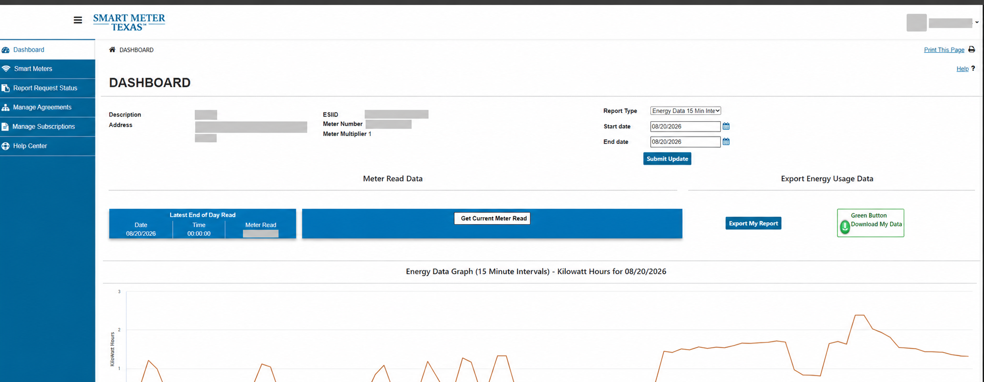 Redacted Smart Meter Texas dashboard showing report controls and export area