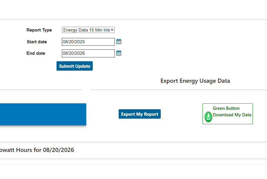 Smart Meter Texas report type and one-year date range example with the controls highlighted