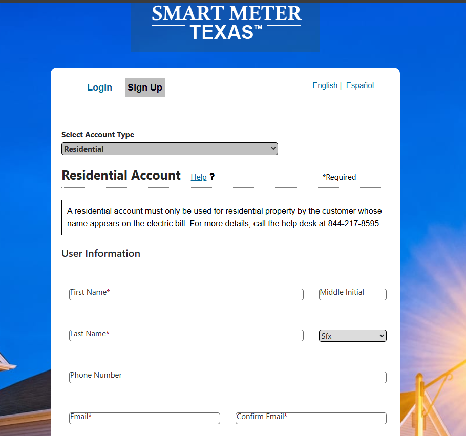 Smart Meter Texas residential account sign-up form with Sign Up highlighted